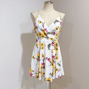 Express Women's White Yellow Surplice Fit & Flare Sundress Dress Size PS